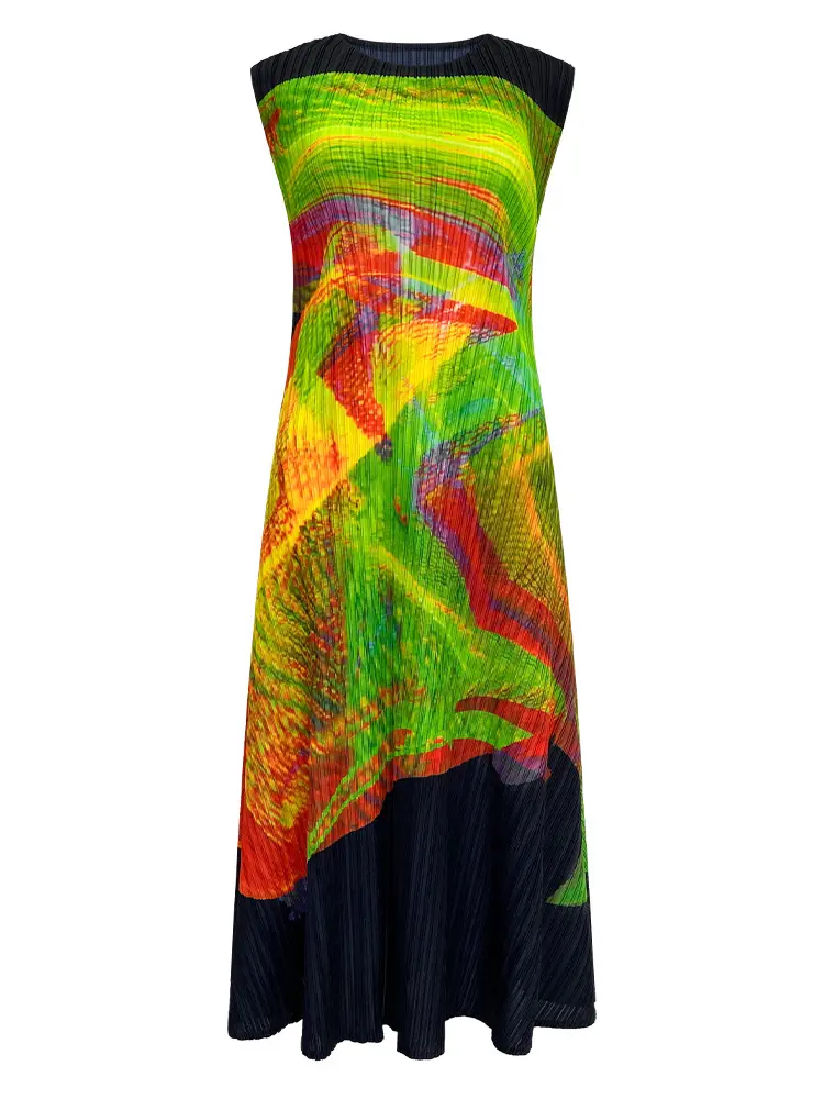 LANMREM Pleated Long Print Dress For Women Round Neck Sleeveless Large Swing Color Block Fashion Dresses 2025 Summer New 2DM1098