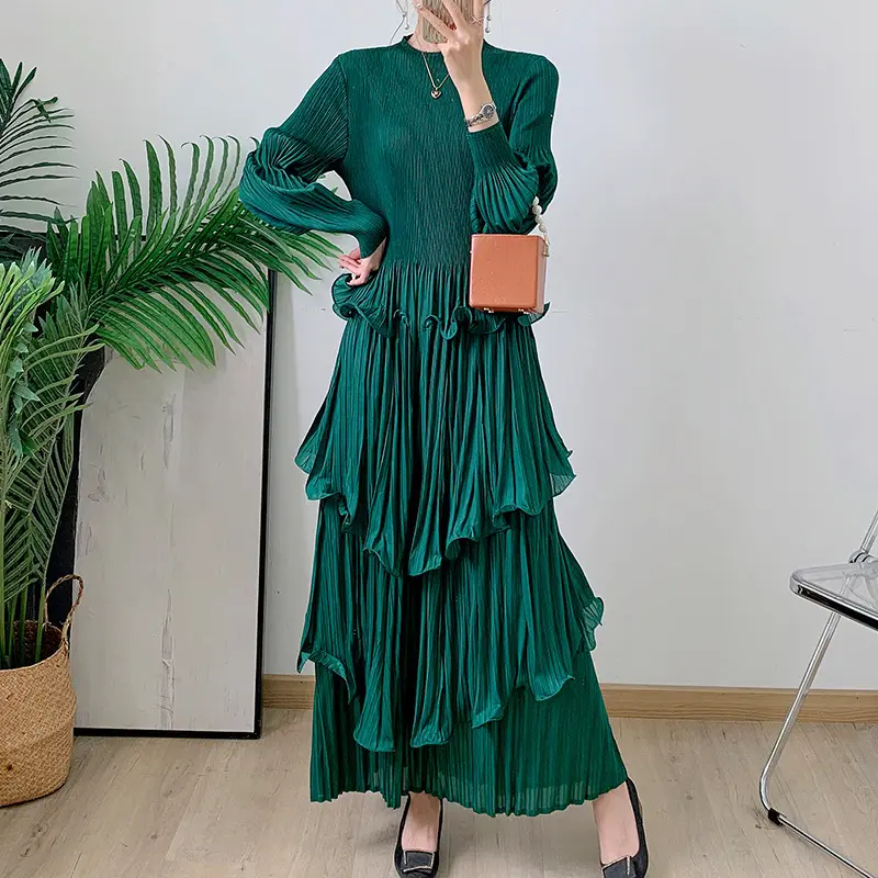 LANMREM Royal Blue Pleated French Women's Dress 2025 Chic New Ruffled Irregular High-End Tie Design Long Sleeve Clothing 2DB3939