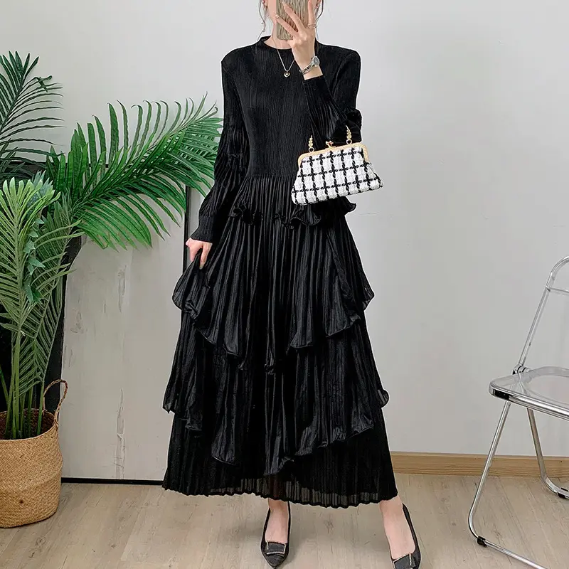 LANMREM Royal Blue Pleated French Women's Dress 2025 Chic New Ruffled Irregular High-End Tie Design Long Sleeve Clothing 2DB3939