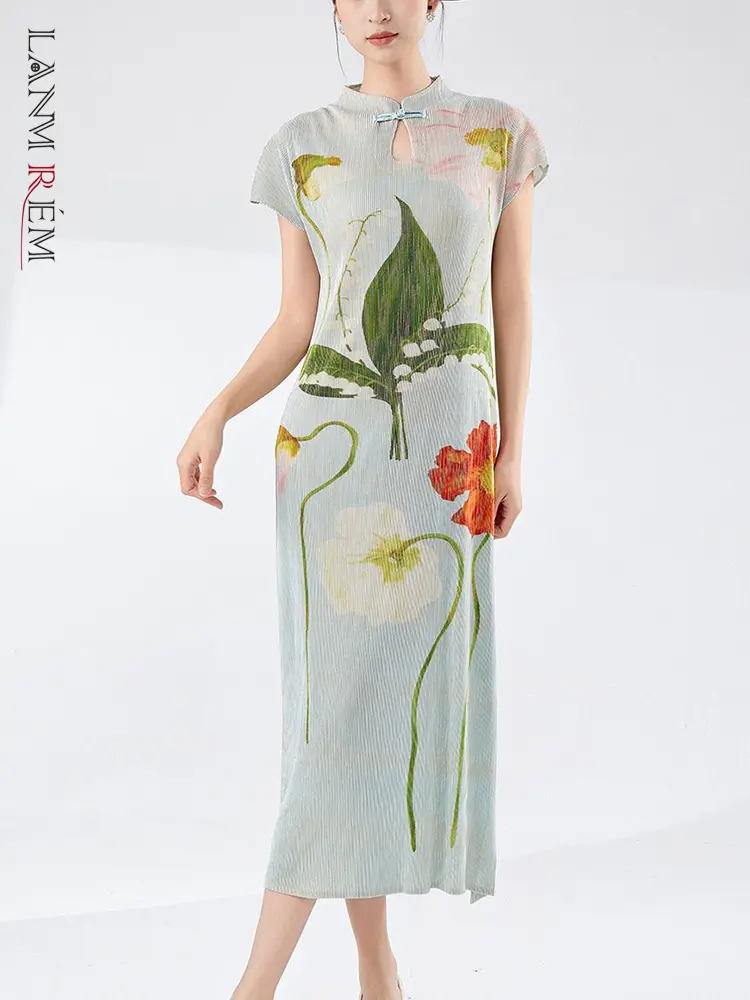 LANMREM Pleated Women's Dress High-end Short Sleeve Printting Mid Length Chinease Style Cheongsam Dresses 2025 New Chic 2DB3463