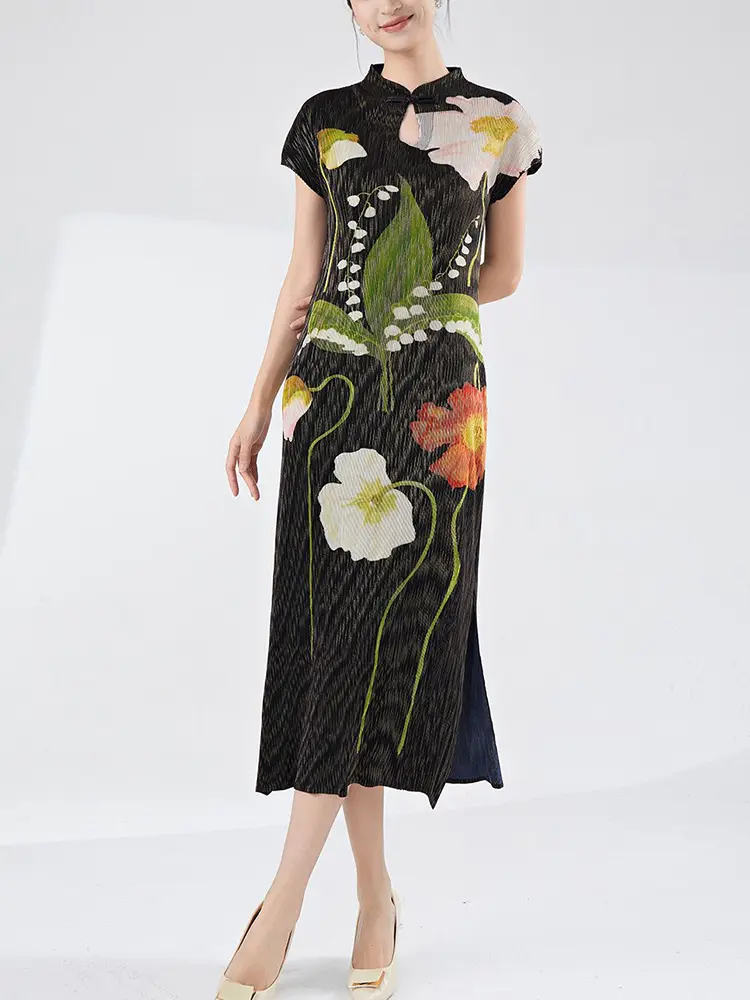 LANMREM Pleated Women's Dress High-end Short Sleeve Printting Mid Length Chinease Style Cheongsam Dresses 2025 New Chic 2DB3463