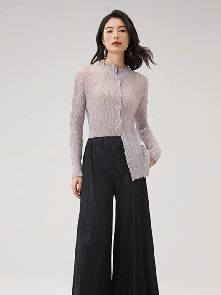 LANMREM 2025 New Lightweight Breathable Cardigan Single Breasted Pleated Shirt Women's Slim Fit Long Sleeve Chiffon Top 2DB2872