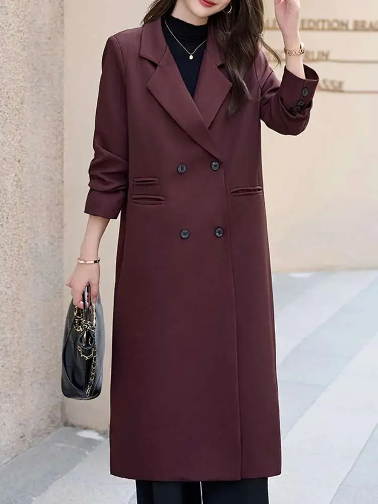 LANMREM Long Windbreaker Jacket For Women Notched Collar Double Breasted Long Sleeves Coats New Korean Version Trendy 2DB1253