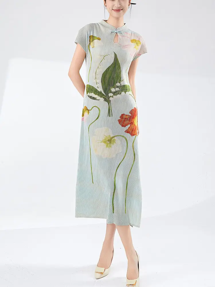 LANMREM Pleated Women's Dress High-end Short Sleeve Printting Mid Length Chinease Style Cheongsam Dresses 2025 New Chic 2DB3463