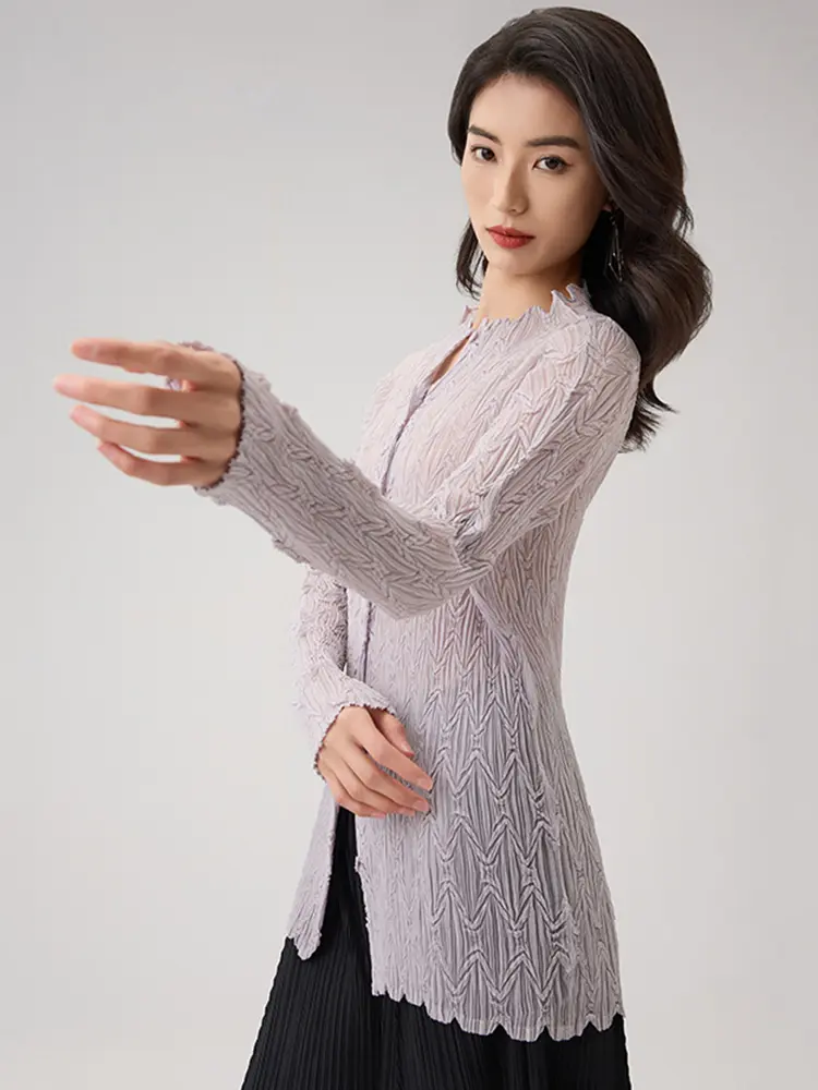 LANMREM 2025 New Lightweight Breathable Cardigan Single Breasted Pleated Shirt Women's Slim Fit Long Sleeve Chiffon Top 2DB2872
