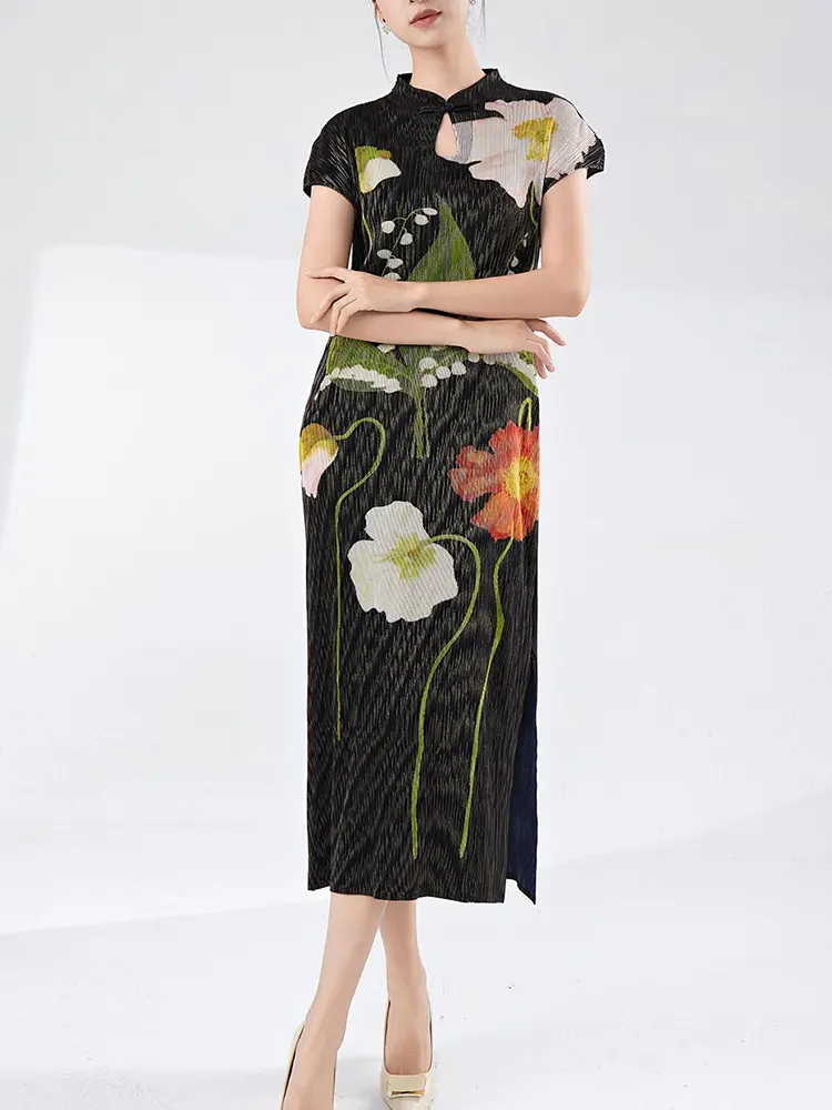 LANMREM Pleated Women's Dress High-end Short Sleeve Printting Mid Length Chinease Style Cheongsam Dresses 2025 New Chic 2DB3463