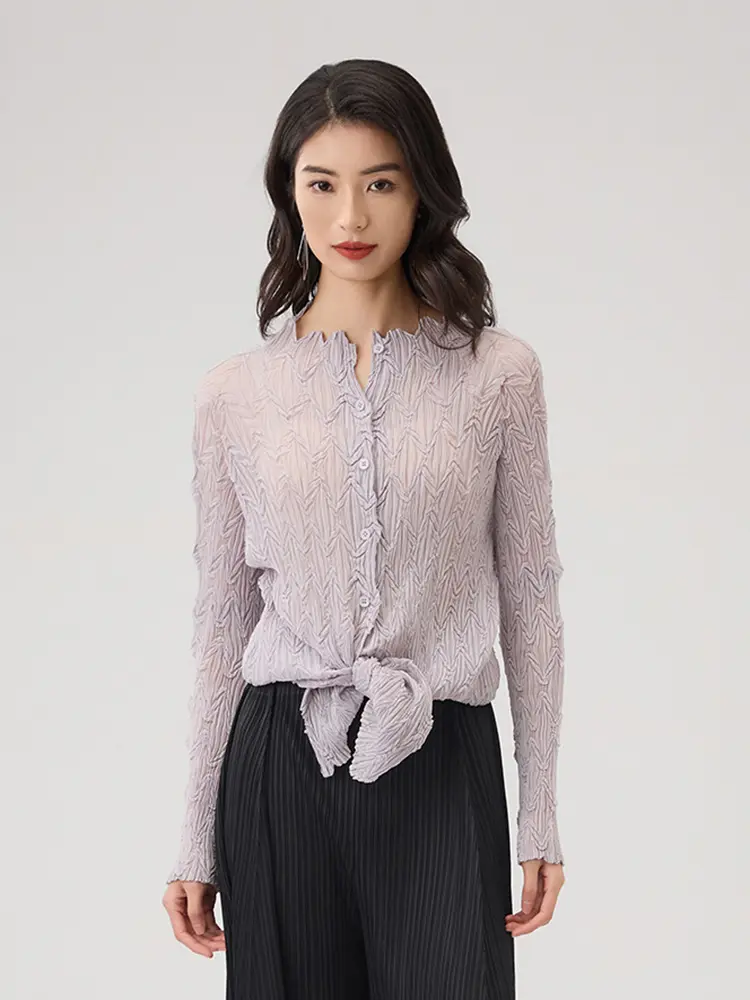 LANMREM 2025 New Lightweight Breathable Cardigan Single Breasted Pleated Shirt Women's Slim Fit Long Sleeve Chiffon Top 2DB2872