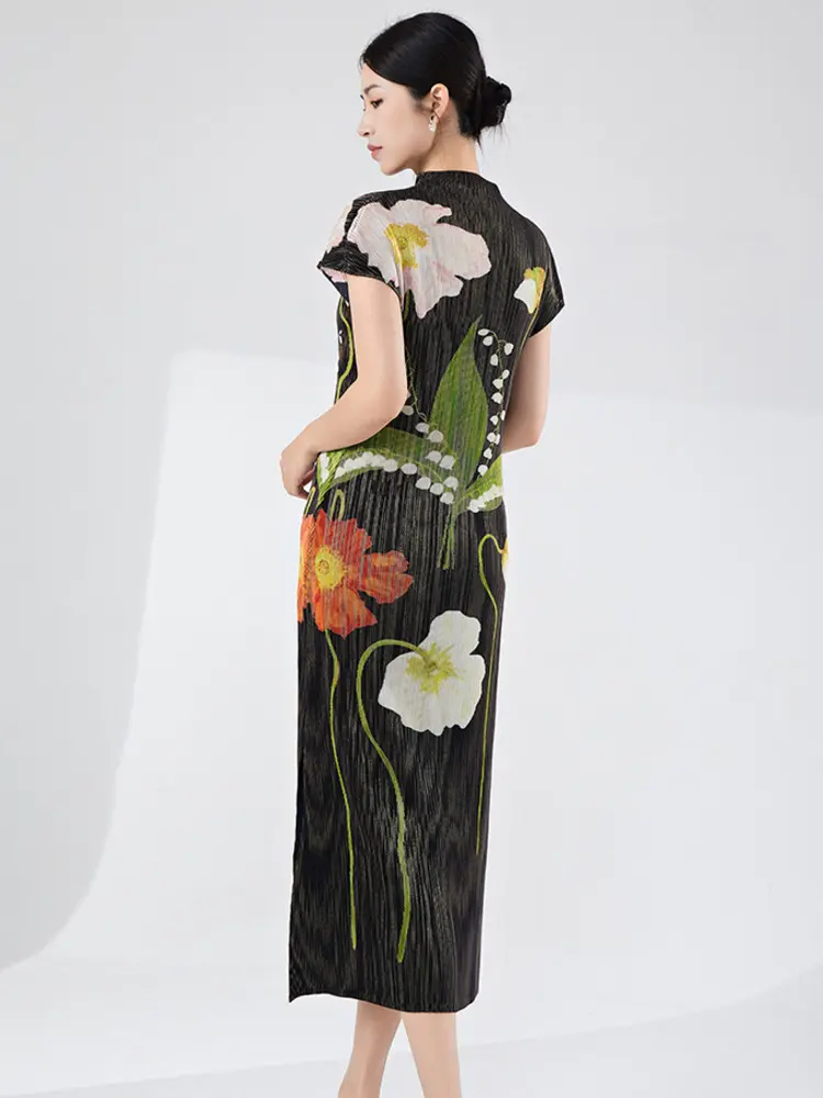 LANMREM Pleated Women's Dress High-end Short Sleeve Printting Mid Length Chinease Style Cheongsam Dresses 2025 New Chic 2DB3463