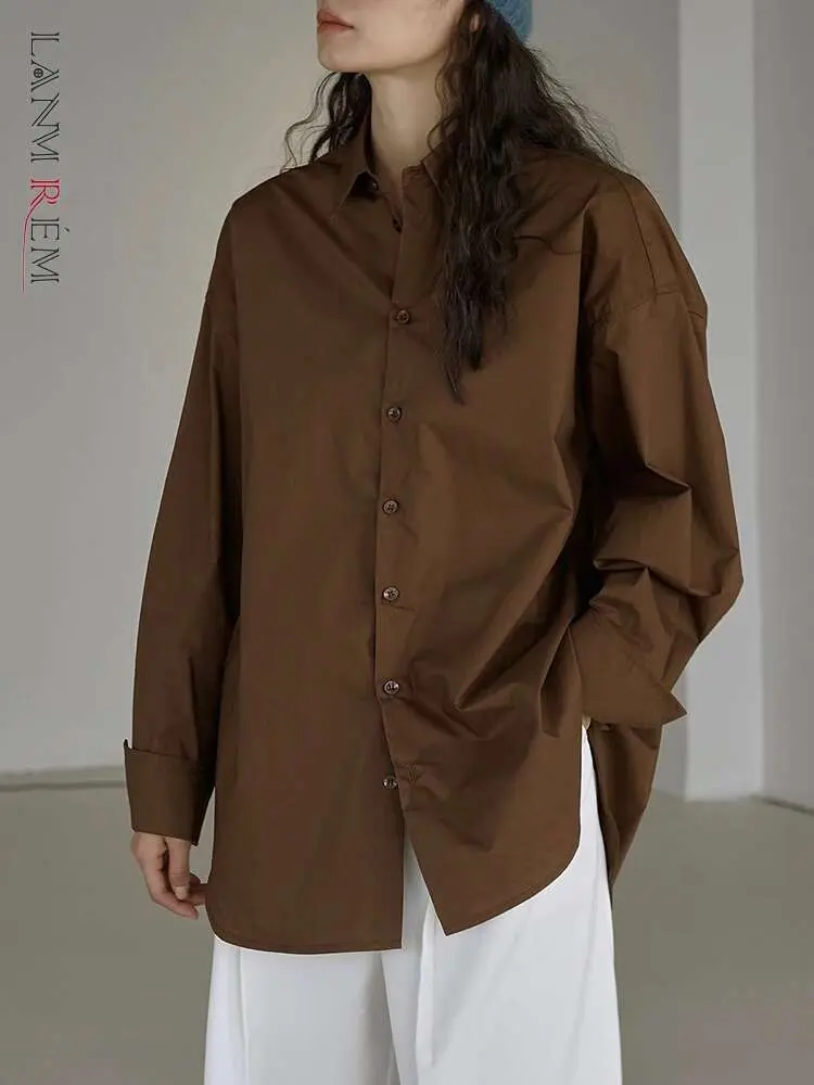 LANMREM Women's Casual Shirt Solid Color Lapel Long Sleeves Single Breasted Versatile Tops 2025 Spring New Clothing 2AA2491