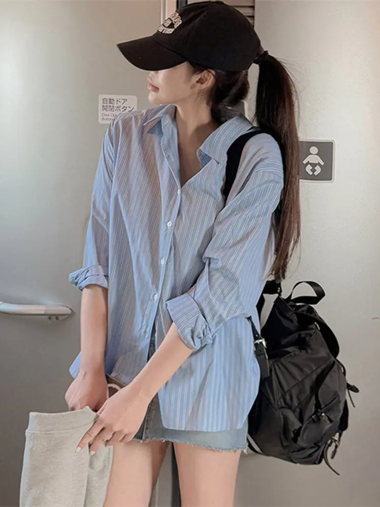 LANMREM Blue Fashion Striped Shirt For Women Loose Casual Korean Style Lapel Single Breasted Blouse 2025 New Korean Tops 2DB2768