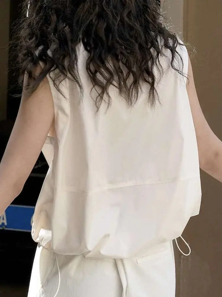 LANMREM Designer Vest Coat For Women Zipper Sleeveless Solid Color Drawstring Coats Female Clothing 2024 Summer New 2YA1720