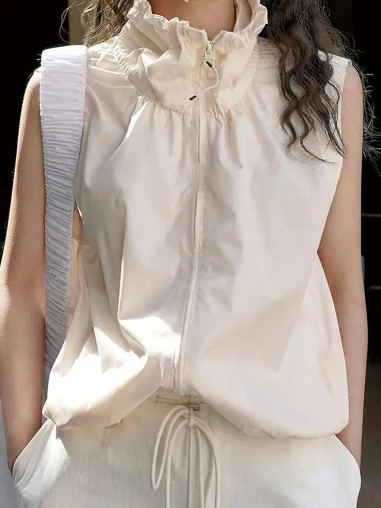 LANMREM Designer Vest Coat For Women Zipper Sleeveless Solid Color Drawstring Coats Female Clothing 2024 Summer New 2YA1720