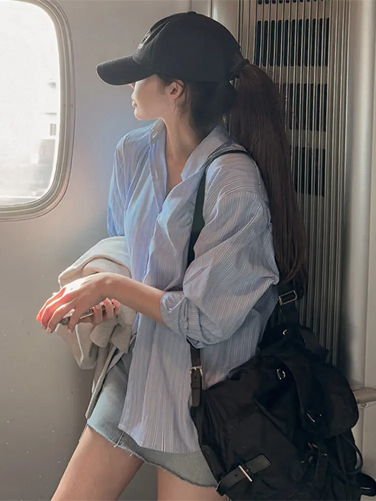 LANMREM Blue Fashion Striped Shirt For Women Loose Casual Korean Style Lapel Single Breasted Blouse 2025 New Korean Tops 2DB2768