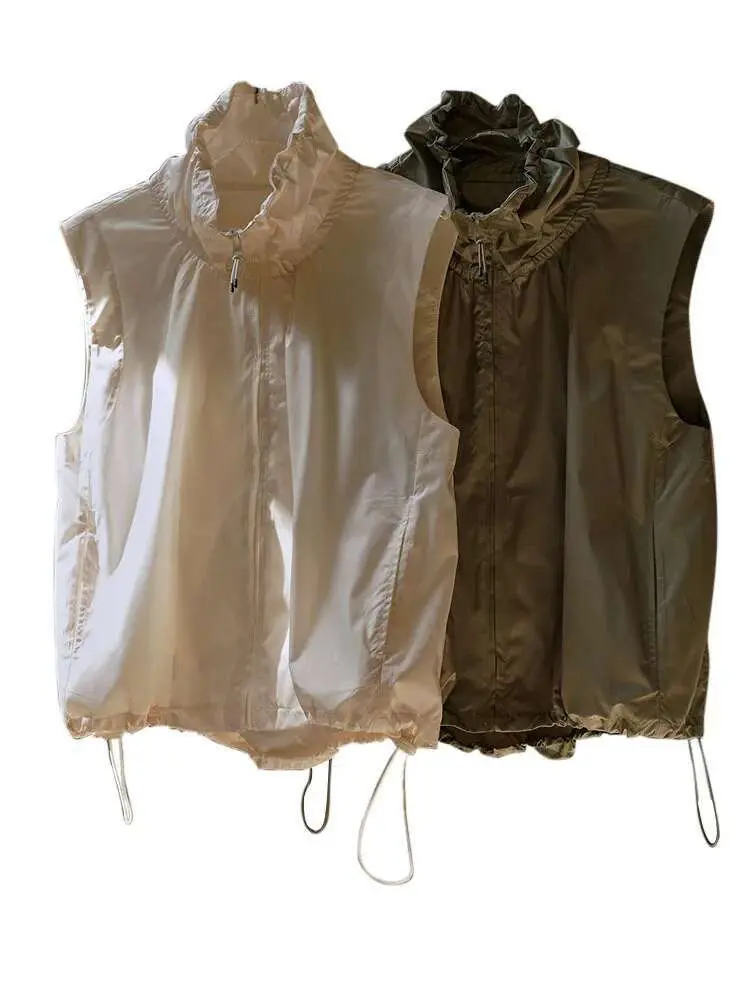 LANMREM Designer Vest Coat For Women Zipper Sleeveless Solid Color Drawstring Coats Female Clothing 2024 Summer New 2YA1720