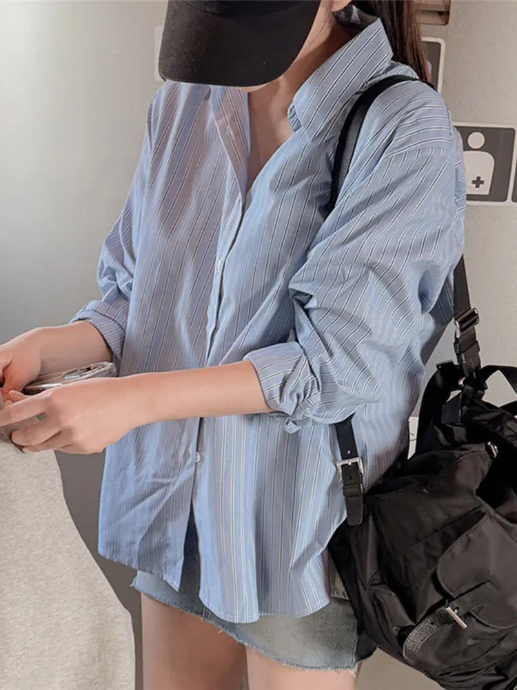 LANMREM Blue Fashion Striped Shirt For Women Loose Casual Korean Style Lapel Single Breasted Blouse 2025 New Korean Tops 2DB2768