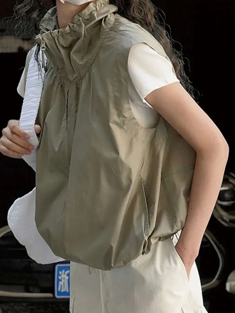 LANMREM Designer Vest Coat For Women Zipper Sleeveless Solid Color Drawstring Coats Female Clothing 2024 Summer New 2YA1720