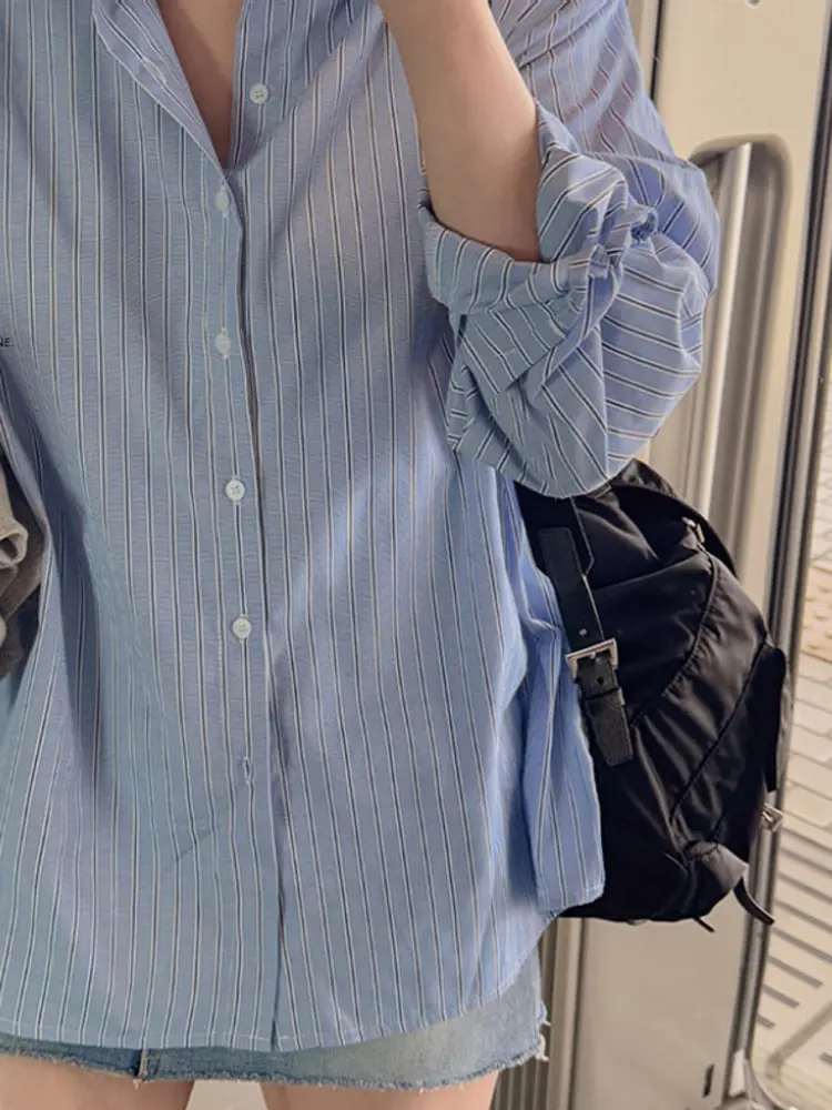 LANMREM Blue Fashion Striped Shirt For Women Loose Casual Korean Style Lapel Single Breasted Blouse 2025 New Korean Tops 2DB2768