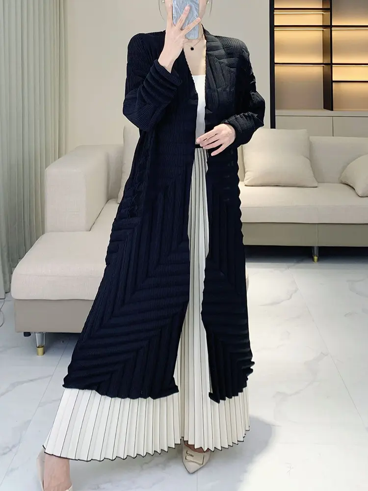 LANMREM Tie Design Pleated Cardigan Windbreaker For Women 2025 Korean Trendy Long Sleeve Lightweight Trench Coat Chic 2DB3244