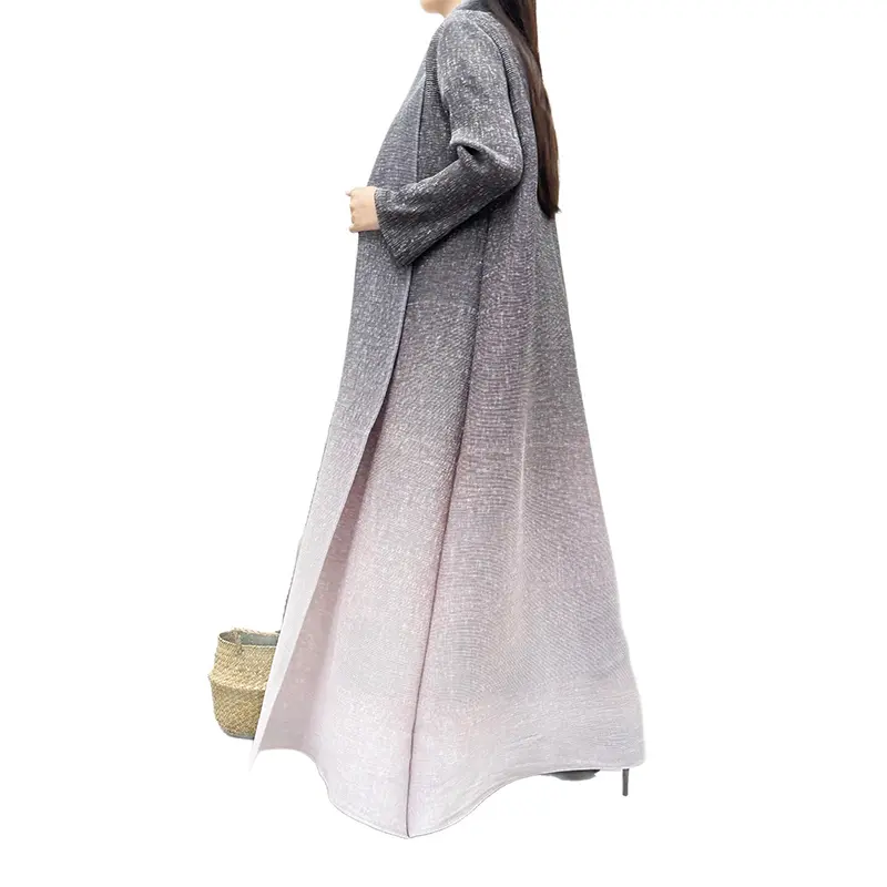 LANMREM  Gradient Pleated Women's Windbreaker High-end Lapel Collar Loose Causal Long Robe Temperament Coat With Pockets 2DB3535