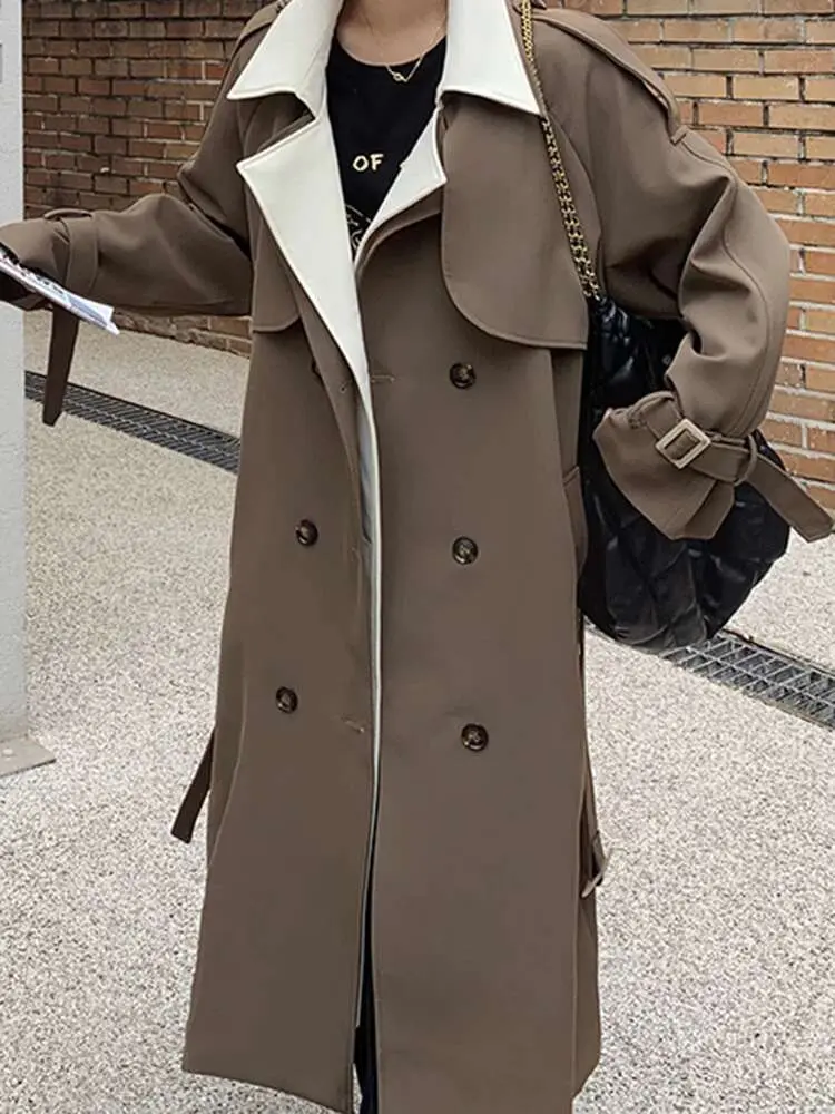 LANMREM Women Long Belt Trench Fashion Lapel Contrast Color Spliced Double Breasted Windbreaker 2025 Spring New Clothing 2AA2825