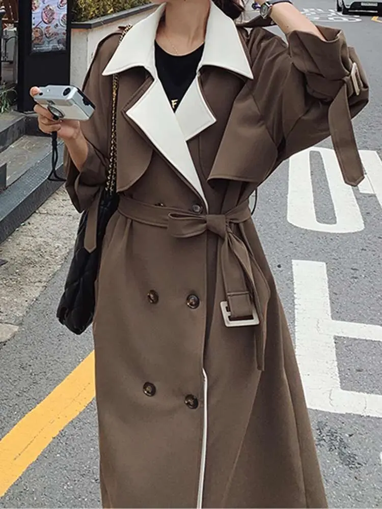 LANMREM Women Long Belt Trench Fashion Lapel Contrast Color Spliced Double Breasted Windbreaker 2025 Spring New Clothing 2AA2825