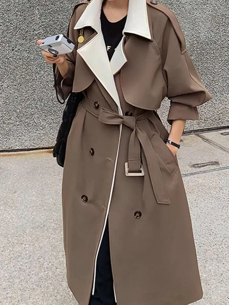 LANMREM Women Long Belt Trench Fashion Lapel Contrast Color Spliced Double Breasted Windbreaker 2025 Spring New Clothing 2AA2825