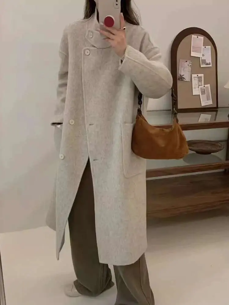LANMREM High-end Double-sided Wool Coat For Women Irregular Single Breasted Loose Woolen Overcoat 2025 Spring Winter 2DA8993