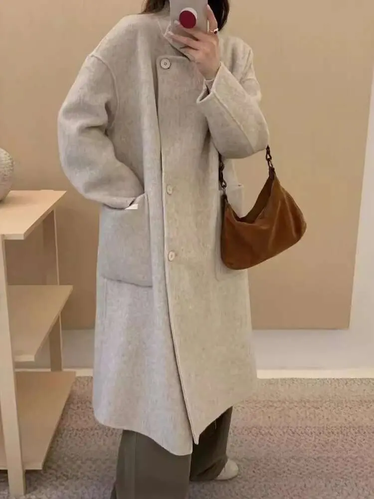 LANMREM High-end Double-sided Wool Coat For Women Irregular Single Breasted Loose Woolen Overcoat 2025 Spring Winter 2DA8993