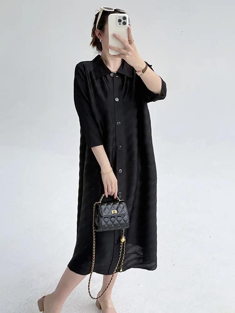 LANMREM Green 2025 New Pleated Women's Dress Turn-down Collar Cardigan Single Breasted Elegant Elastic Loose Dresses 2DB3595