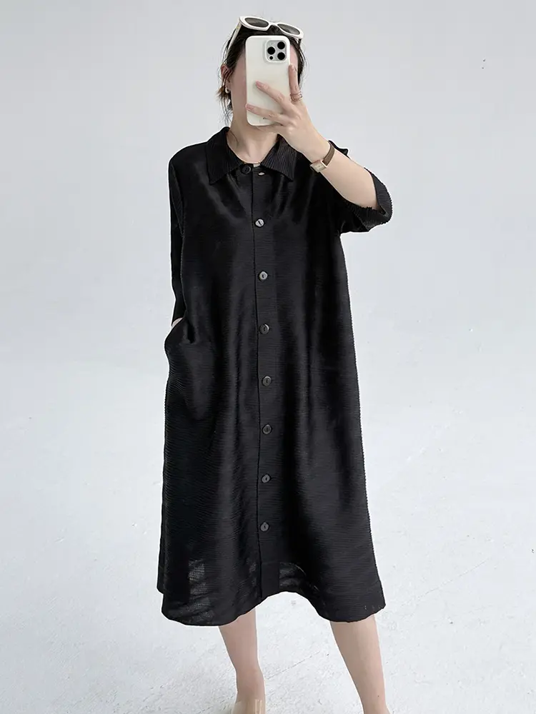 LANMREM Green 2025 New Pleated Women's Dress Turn-down Collar Cardigan Single Breasted Elegant Elastic Loose Dresses 2DB3595