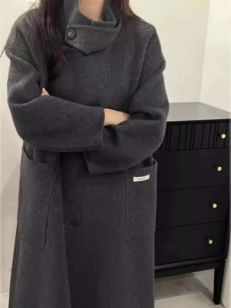 LANMREM High-end Double-sided Wool Coat For Women Irregular Single Breasted Loose Woolen Overcoat 2025 Spring Winter 2DA8993