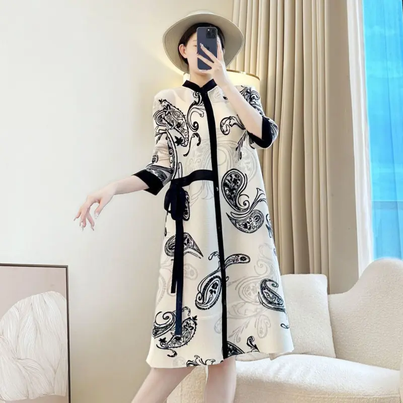LANMREM Apricot Printting Pleated Women's Dress Single Breasted Stand Collar Bandage Design Three Quarter Sleeve Clothes 2DB4074