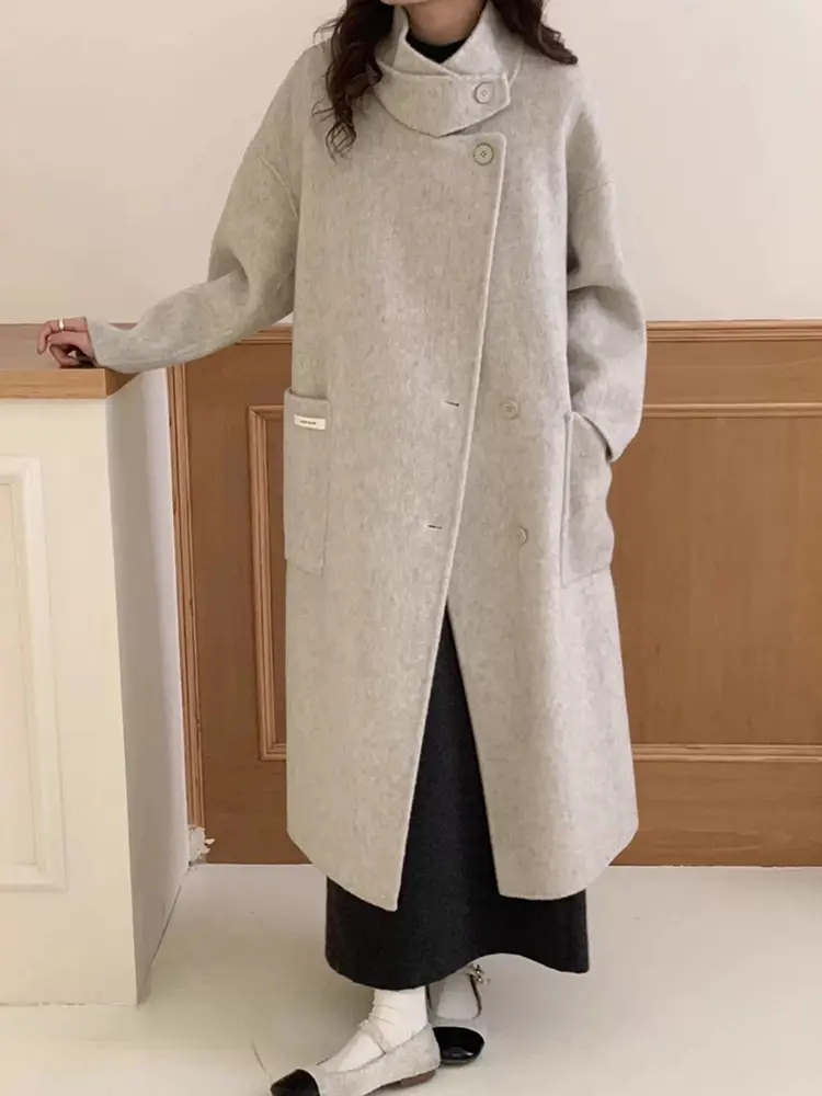 LANMREM High-end Double-sided Wool Coat For Women Irregular Single Breasted Loose Woolen Overcoat 2025 Spring Winter 2DA8993