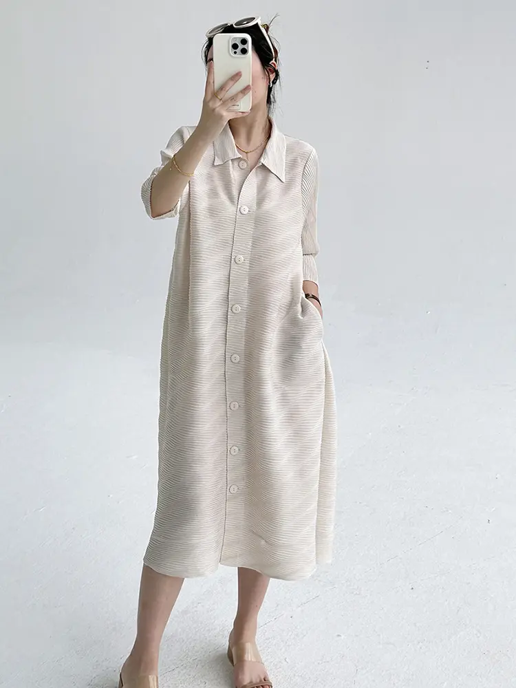 LANMREM Green 2025 New Pleated Women's Dress Turn-down Collar Cardigan Single Breasted Elegant Elastic Loose Dresses 2DB3595