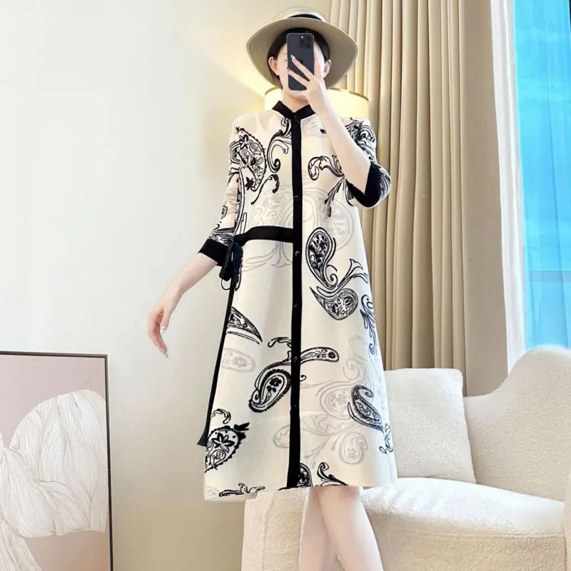 LANMREM Apricot Printting Pleated Women's Dress Single Breasted Stand Collar Bandage Design Three Quarter Sleeve Clothes 2DB4074