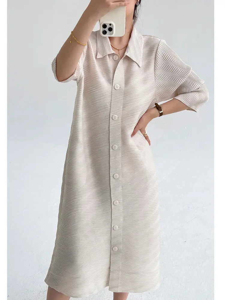 LANMREM Green 2025 New Pleated Women's Dress Turn-down Collar Cardigan Single Breasted Elegant Elastic Loose Dresses 2DB3595