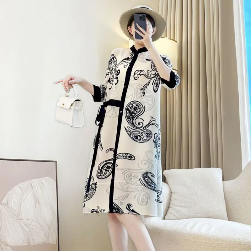 LANMREM Apricot Printting Pleated Women's Dress Single Breasted Stand Collar Bandage Design Three Quarter Sleeve Clothes 2DB4074