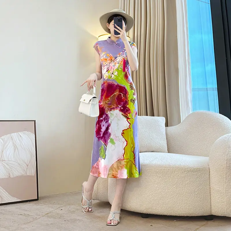 LANMREM Chinese Style Colorblock Printting Women's Pleated Summer Dress 2025 New Chic Elastic Slim Sleeveless Cheongsam 2DB3925