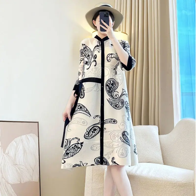 LANMREM Apricot Printting Pleated Women's Dress Single Breasted Stand Collar Bandage Design Three Quarter Sleeve Clothes 2DB4074