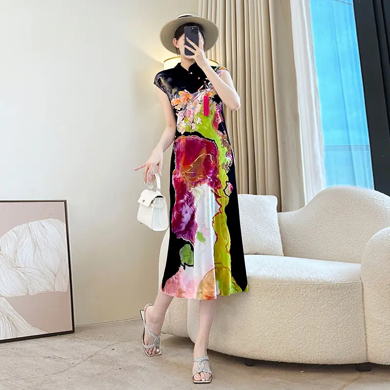 LANMREM Chinese Style Colorblock Printting Women's Pleated Summer Dress 2025 New Chic Elastic Slim Sleeveless Cheongsam 2DB3925