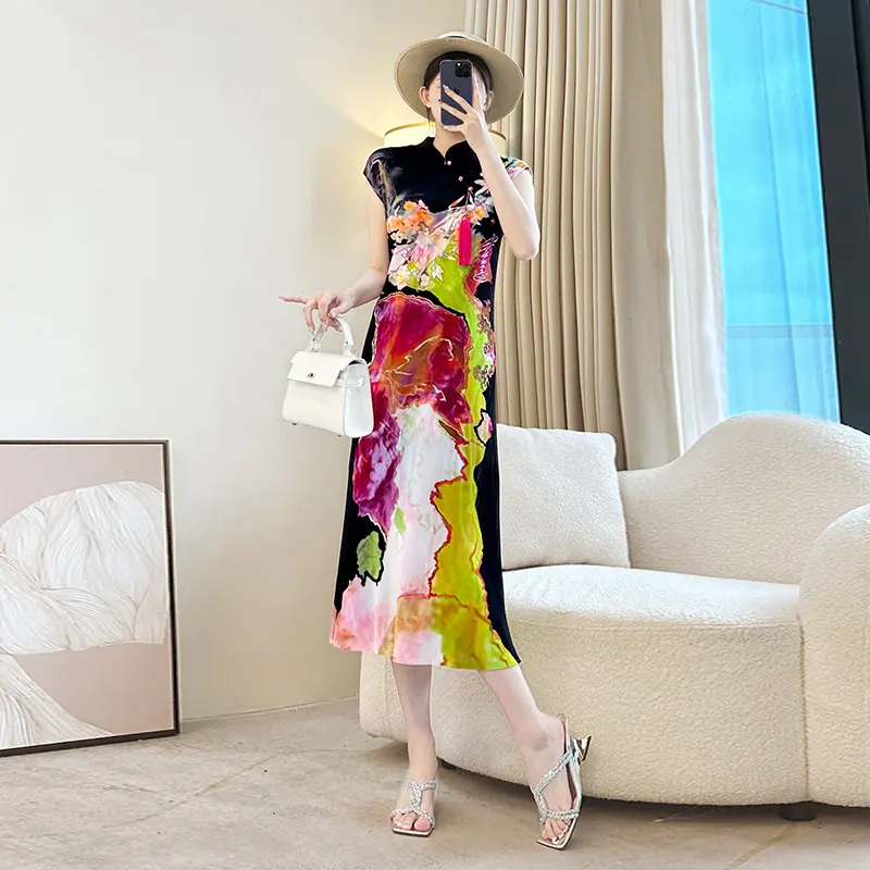 LANMREM Chinese Style Colorblock Printting Women's Pleated Summer Dress 2025 New Chic Elastic Slim Sleeveless Cheongsam 2DB3925