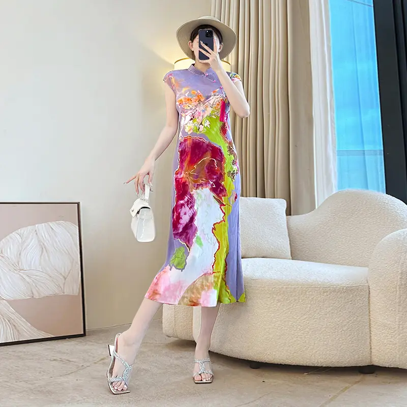 LANMREM Chinese Style Colorblock Printting Women's Pleated Summer Dress 2025 New Chic Elastic Slim Sleeveless Cheongsam 2DB3925