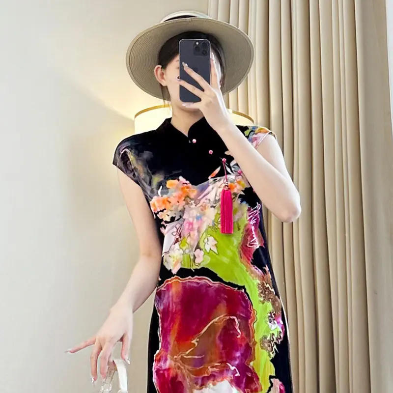 LANMREM Chinese Style Colorblock Printting Women's Pleated Summer Dress 2025 New Chic Elastic Slim Sleeveless Cheongsam 2DB3925