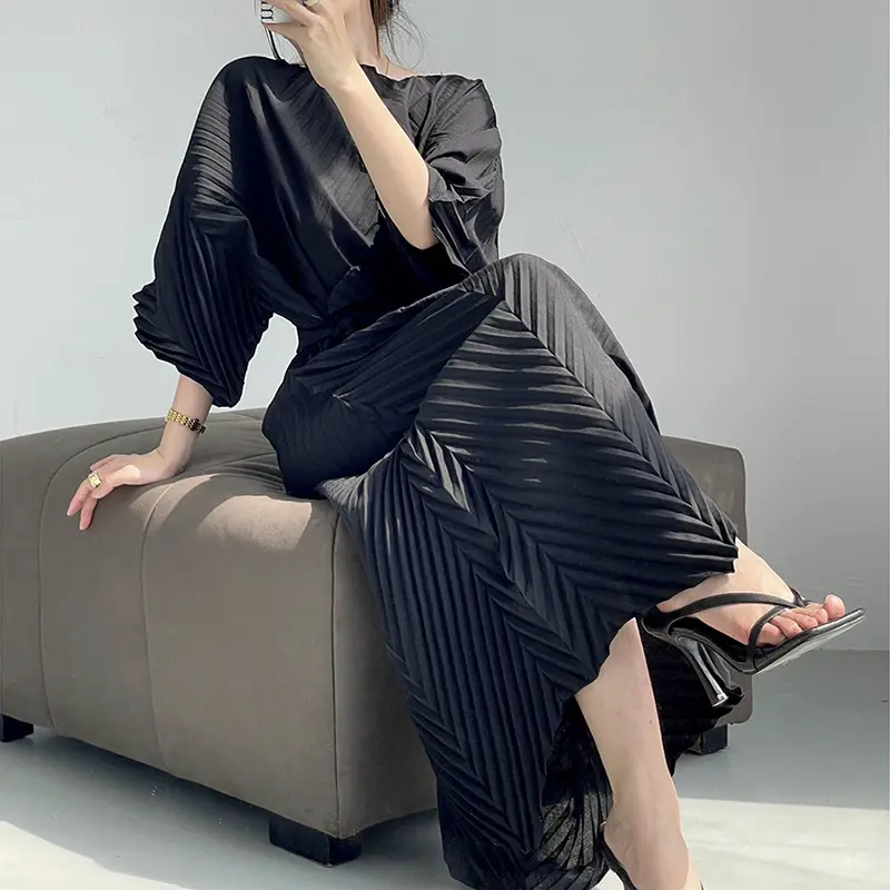 LANMREM Black High-End Pleated Women's Dress French Handmade Pleats Loose Elastic Tie Waist Irregular Summer Clothing 2DB4034