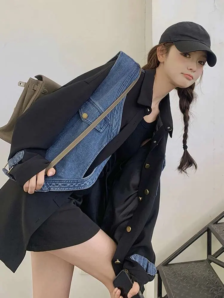 LANMREM Fashion Denim Patchwork Blazer For Women Lapel Single Breasted Contrast Color Coat 2025 Spring New 2Z2528