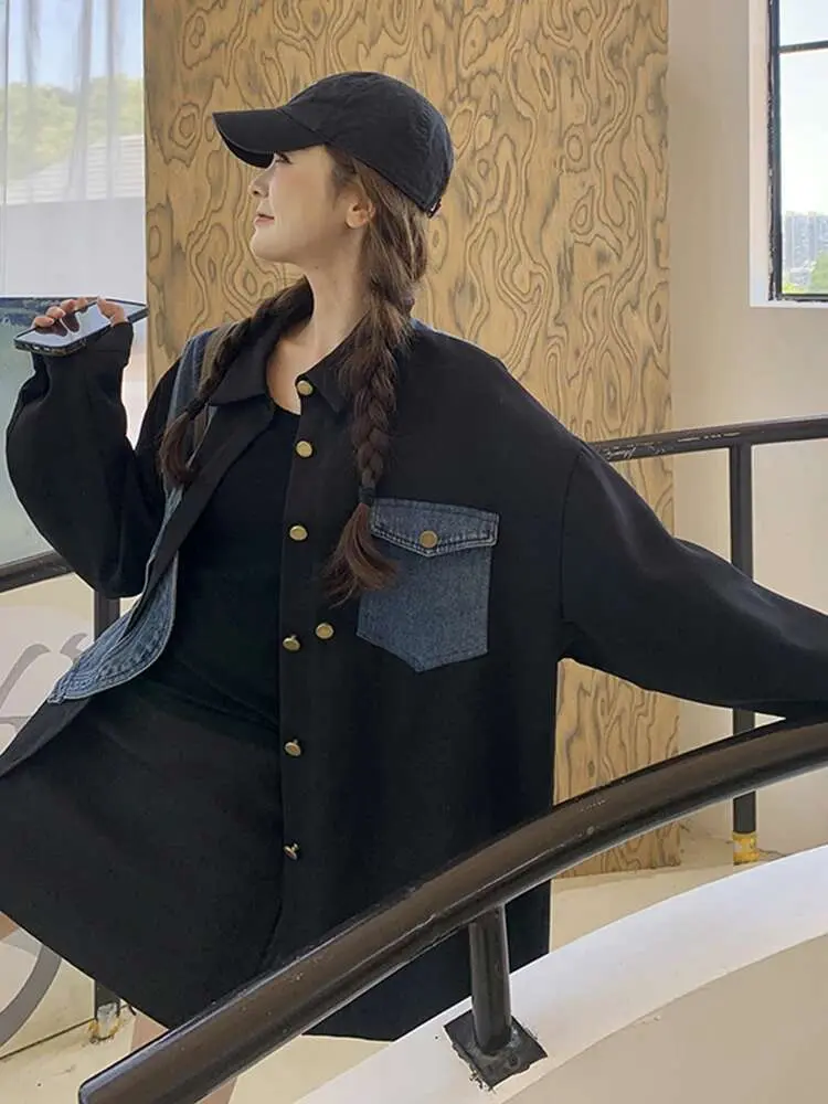 LANMREM Fashion Denim Patchwork Blazer For Women Lapel Single Breasted Contrast Color Coat 2025 Spring New 2Z2528