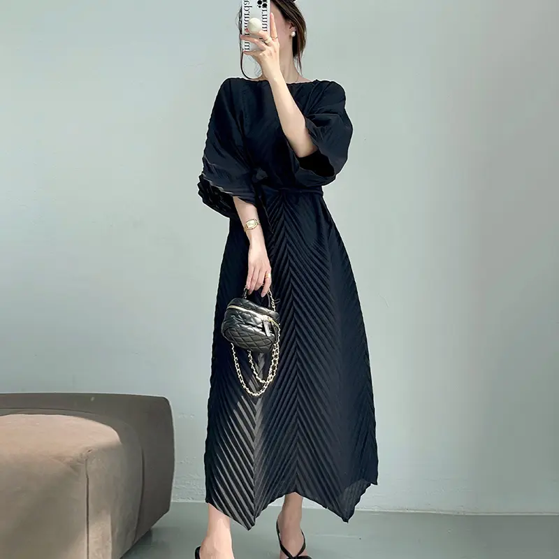 LANMREM Black High-End Pleated Women's Dress French Handmade Pleats Loose Elastic Tie Waist Irregular Summer Clothing 2DB4034