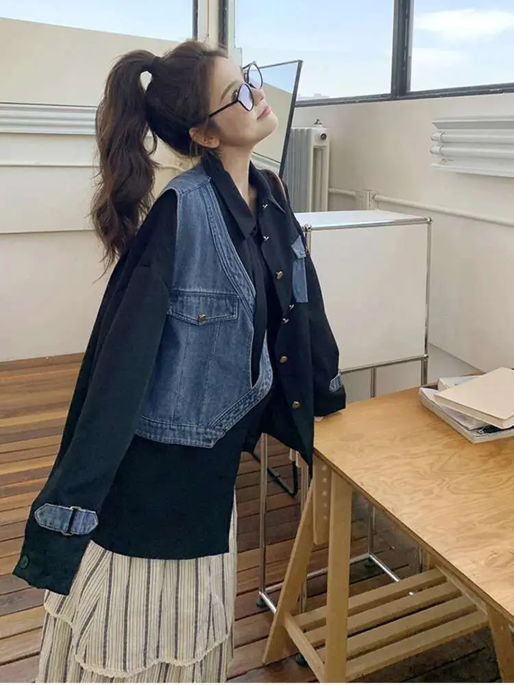 LANMREM Fashion Denim Patchwork Blazer For Women Lapel Single Breasted Contrast Color Coat 2025 Spring New 2Z2528