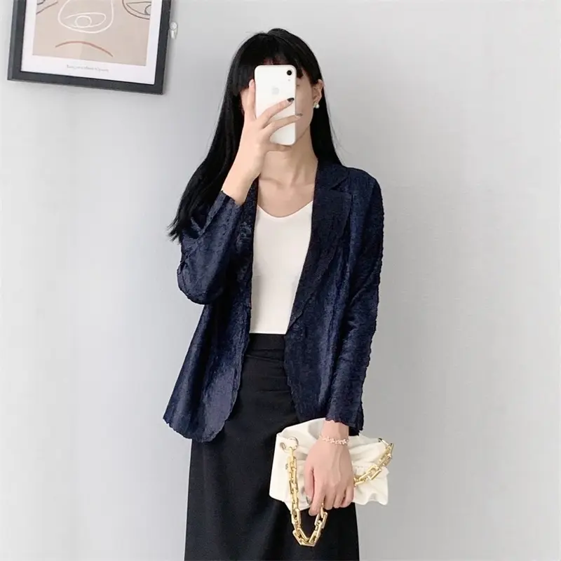 LANMREM Fashion Pleated Blazer For Women 2025 Chic New High-End High Elastic Slim Casual Single Button Design Suit Coat 2DB4232