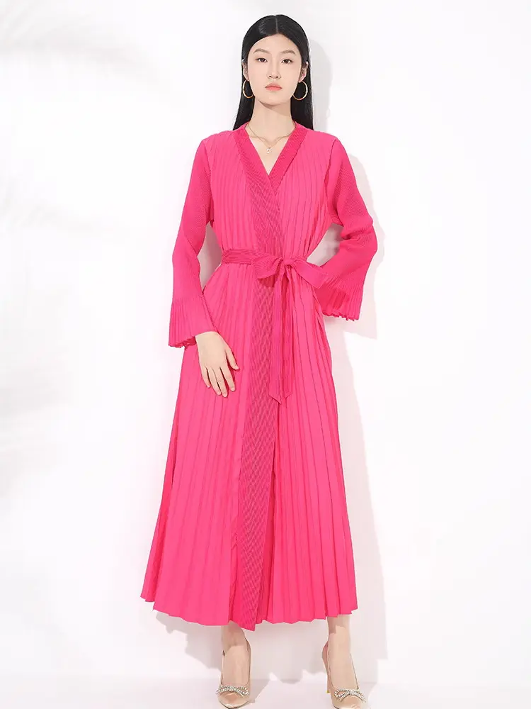 LANMREM New Pleated Women's Clothing V-neck Long Sleeved Pleated Trench Coat Flared Sleeves Bandage Waist V Collar Windbreaker